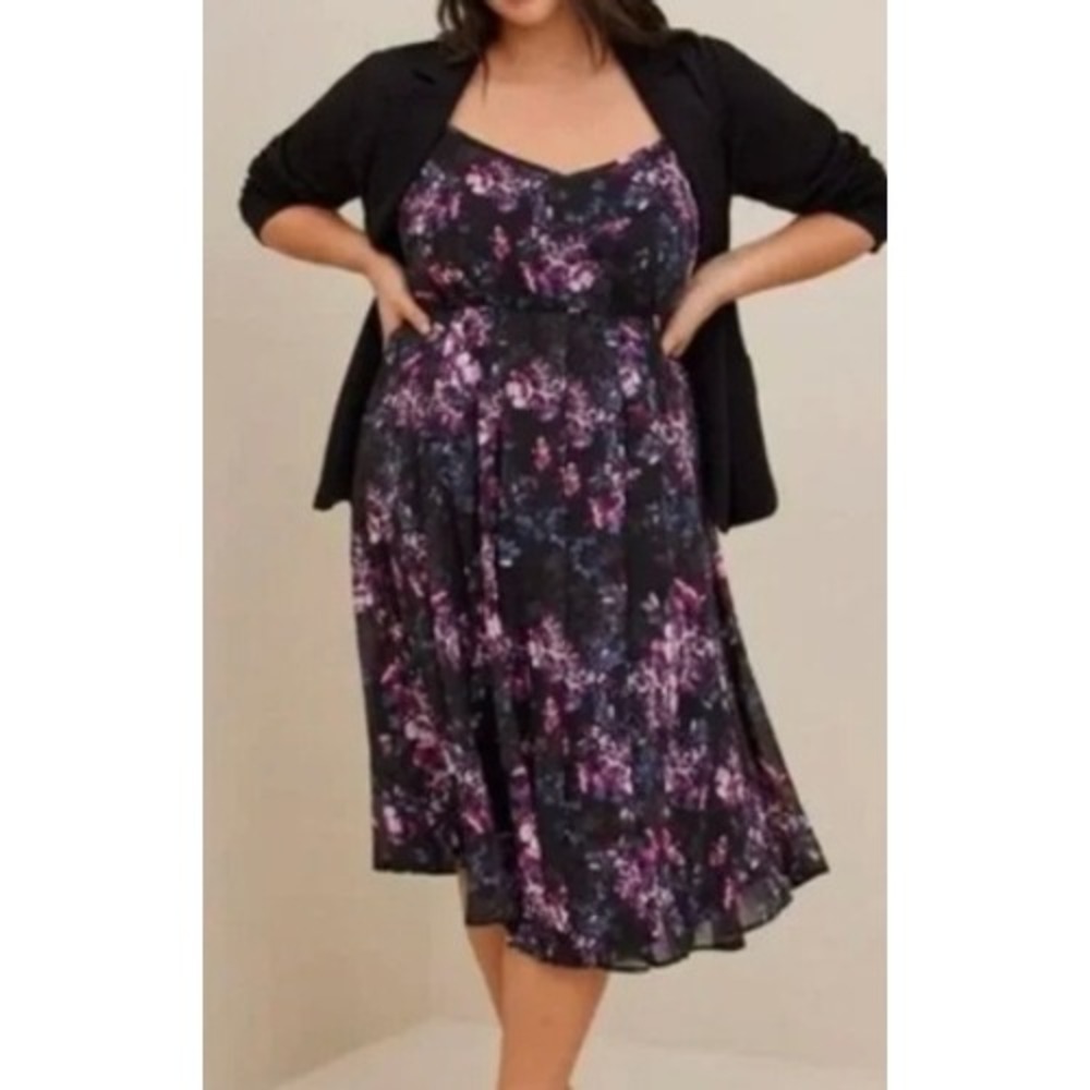 Torrid Floral Chiffon Midi Dress 1X Black Pink Empire Waist Pockets Plus - Picture 2 of 11